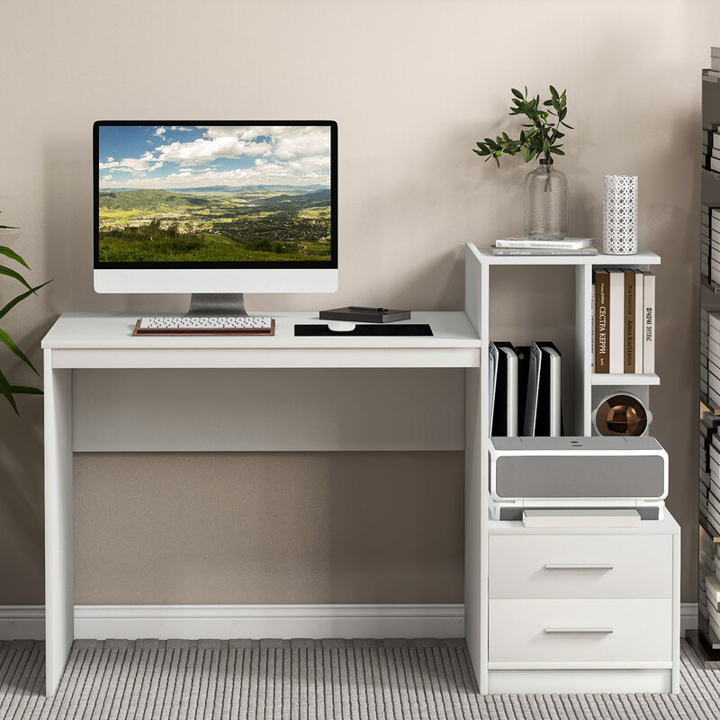 Costway Computer Desk Laptop Table Writing Study Desk Home Office with Bookshelf & Drawers