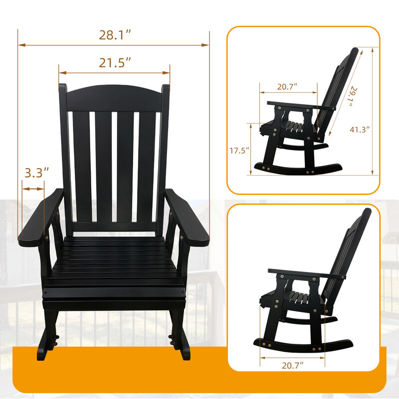 Wooden Rocking Chair with Comfortable Backrest Inclination, High Backrest and Deep Contoured Seat, Solid Fir Wood, Heavy Duty 600 LBS, for Both Outdoor and Indoor, Backyard, Porch and Patio Black