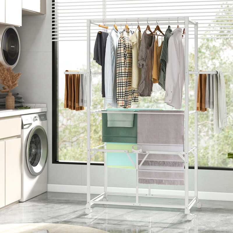 Foldable Aluminum Laundry Rack with Hanging Rods and Drying Shelves for Space-Saving Clothes Drying