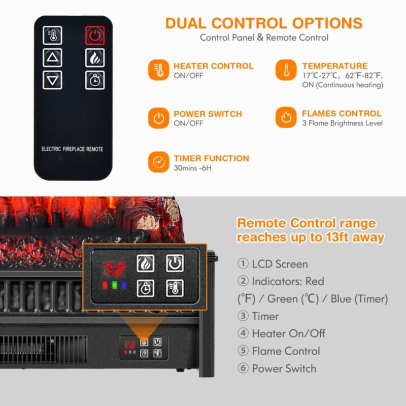 Hivvago 1400W Electric Fireplace Log Heater with Adjustable Flame Brightness-Black