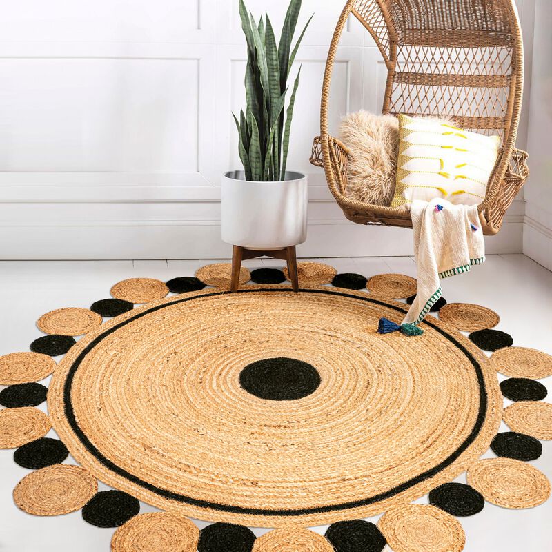 Aurora Two-Tone Jute Hippy Circle Medallion Black/Natural Round Area Rug