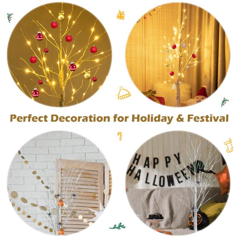 Hivvago 5 Feet Pre-lit White Twig Birch Tree with 72 LED Lights for Christmas