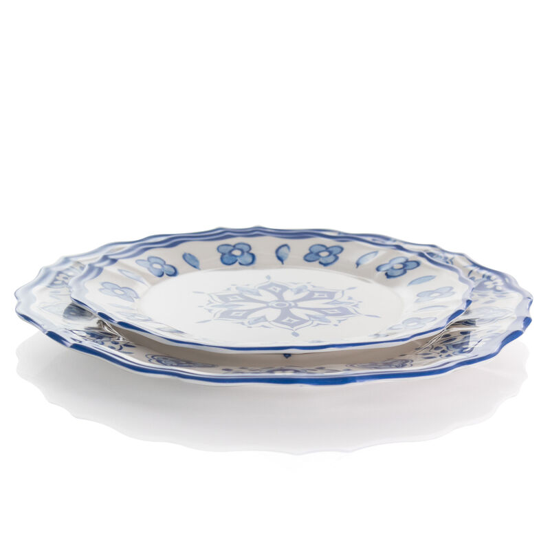 Elama Blue Garden 12 Piece Scalloped Lightweight Melamine Dinnerware Set in Blue