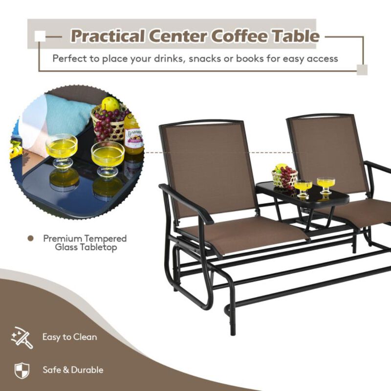Hivvago 2-Person Double Rocking Loveseat with Mesh Fabric and Center Tempered Glass Table