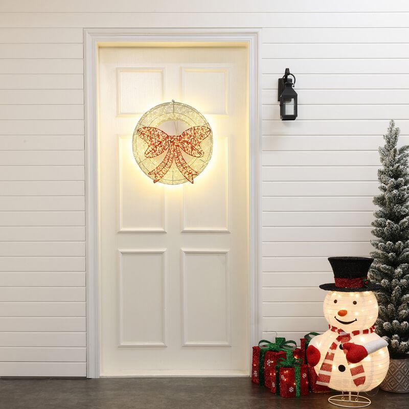LuxenHome 1.6Ft Round Light Wreath and Red Light Bow Holiday Decoration with Timer