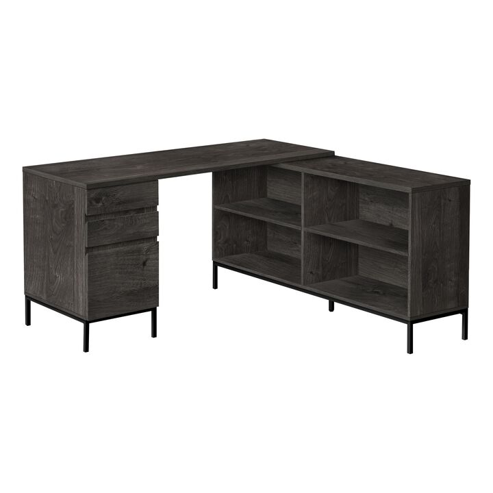 Computer Desk, Home Office, Corner, Storage Drawers, 60"L, L Shape, Work, Laptop, Metal, Laminate, Grey, Black, Contemporary, Modern