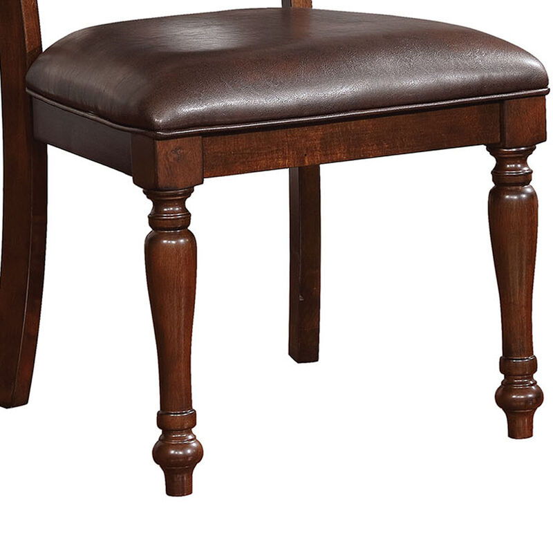Wooden Side Chair with Leatherette Cushioned Seating, Brown, Set of 2-Benzara