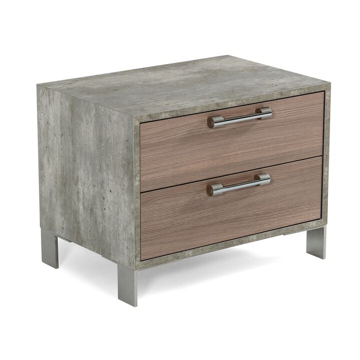 Noe Billy 26 Inch Nightstand, 2 Drawers, Gray Faux Concrete, Oak Laminate -Benzara