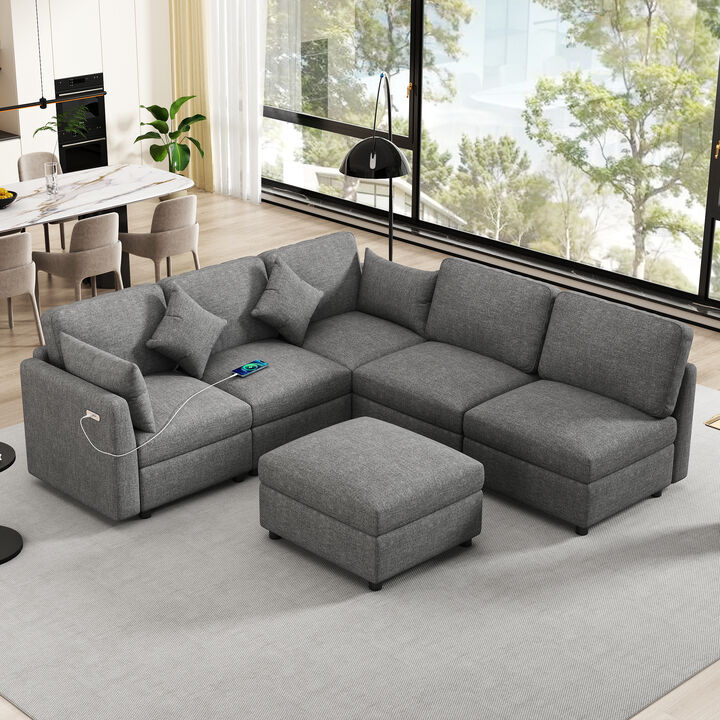 Merax Modular Sectional Sofa U-shaped Sofa with a Movable Ottoman