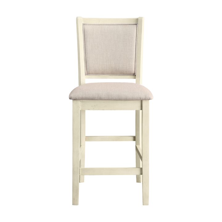 Han Counter Chair Set of 2, Beige Fabric, Ivory Solid Rubberwood - Benzara