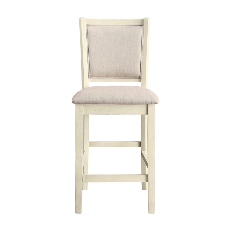 Han Counter Chair Set of 2, Beige Fabric, Ivory Solid Rubberwood - Benzara
