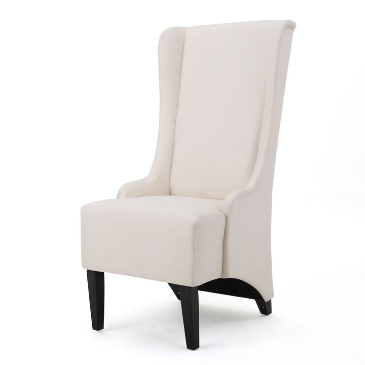 Becca Dining Chair, Beige Fabric, High Wingback, Tapered Black Legs - Benzara