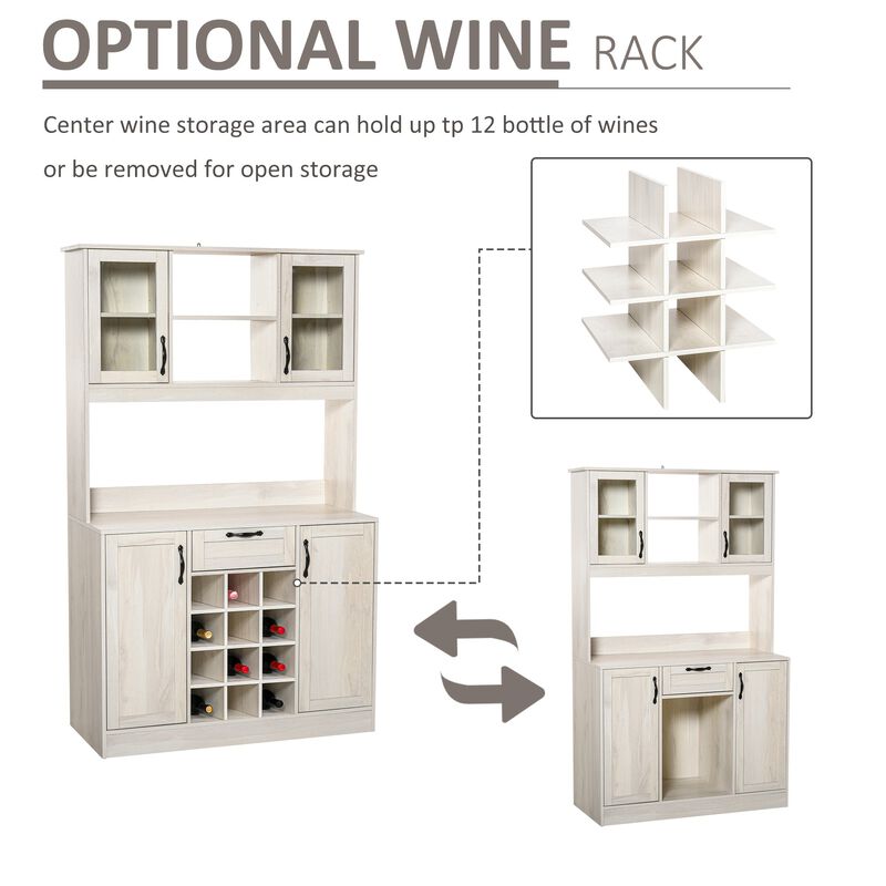 White Kitchen Storage: Buffet Hutch with Drawer, Cabinets, and Wine Rack