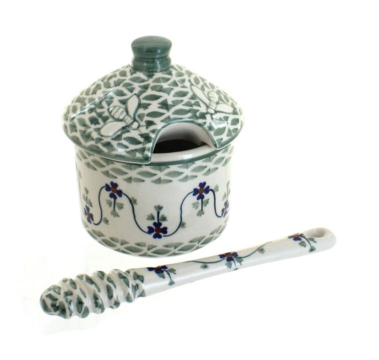 Blue Rose Polish Pottery Blue Butterfly Honey Pot & Dipper