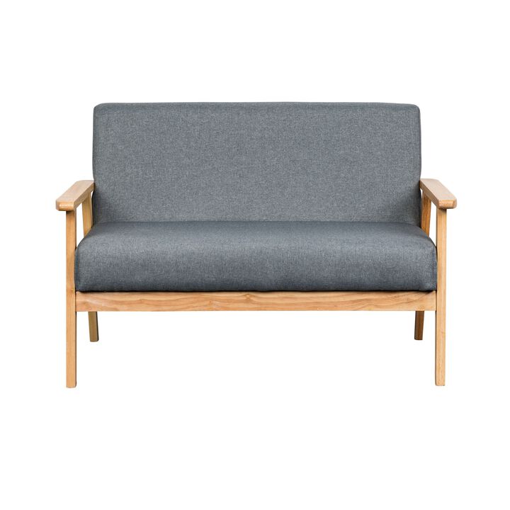 Gala 45 Inch Modern Loveseat Bench, Gray Fabric, Natural Brown Wood Frame-Benzara