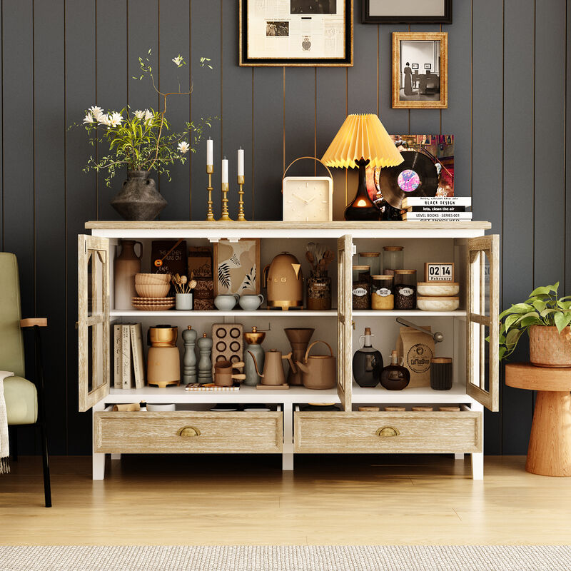 FUFU&GAGA Modern White 3-Door 2-Drawer Sideboard – Elegant & Spacious Dining Room Buffet Cabinet with Metal Handles (55.1" W x 35.4" H x 15.7" D), Brown
