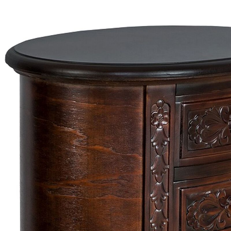 Wooden Chest with 3 Drawer and Scrolled Details, Dark Brown-Benzara