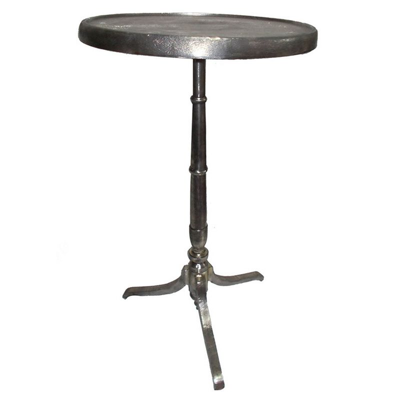 41 Inch Plant Stand Table, Round Top, Turned Base, Modern Silver Aluminium - Benzara
