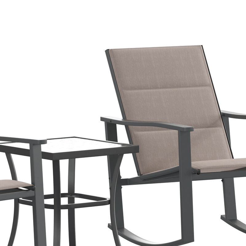 Flash Furniture Brazos 3 Piece Outdoor Rocking Chair Bistro Set with Flex Comfort Material and Steel Framed Glass Top Table