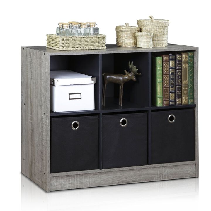 Furinno Basic 3x2 Cube Storage Bookcase Organizer with Bins, French Oak Grey/Black