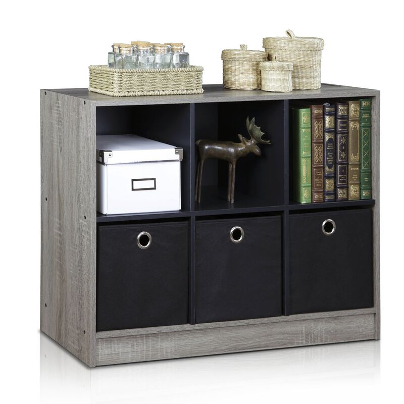 Furinno Basic 3x2 Cube Storage Bookcase Organizer with Bins, French Oak Grey/Black
