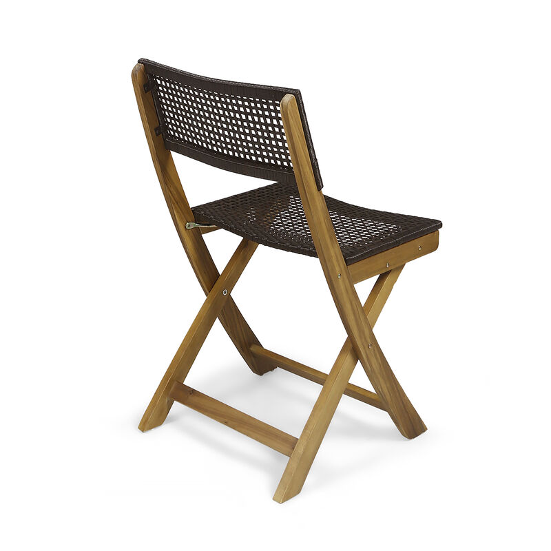 Bistro Side Chair, Foldable, Outdoor Gray Wicker Cane, Brown Acacia Wood - Benzara
