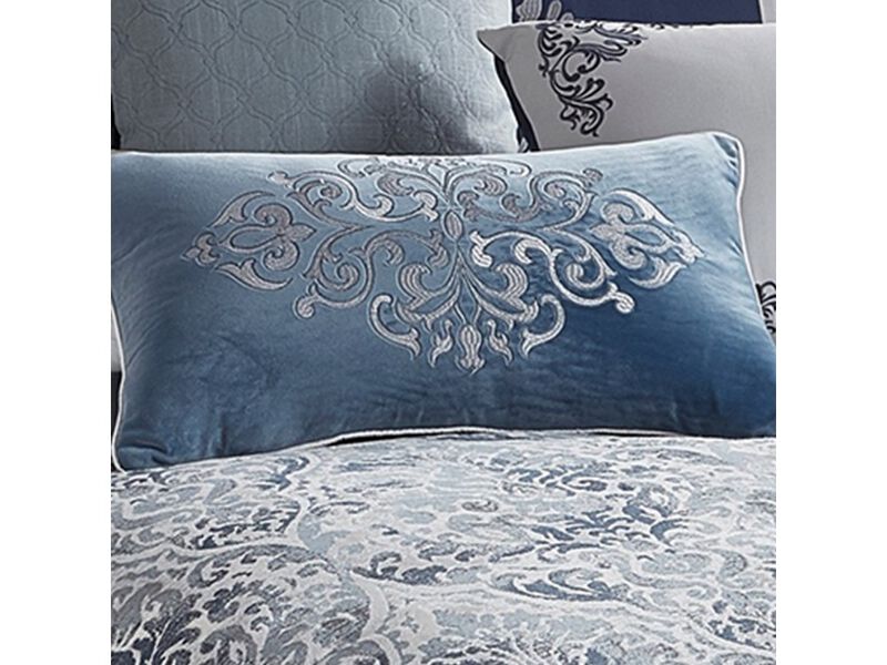 9 Piece Queen Polyester Comforter Set with Damask Prints, Blue and Gray - Benzara