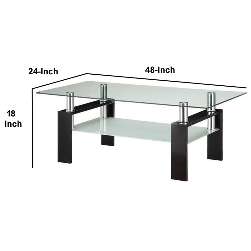 Glass Top Coffee Table with Metal Base and 1 Bottom Shelf, Clear and Black-Benzara