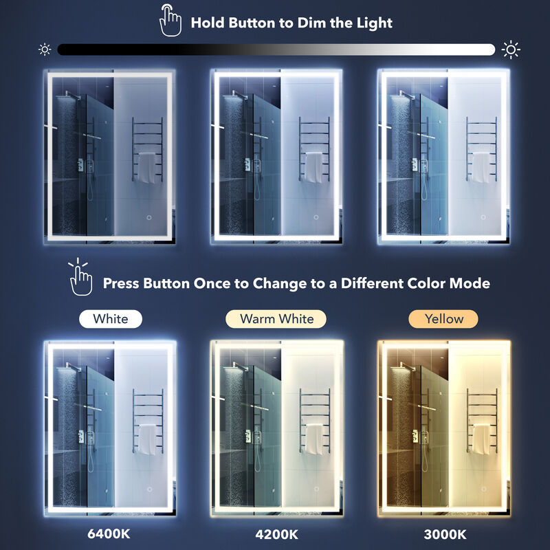 Pax Frameless Antifog Front/Back-Lit Wall Bathroom Vanity Mirror, Smart Touch