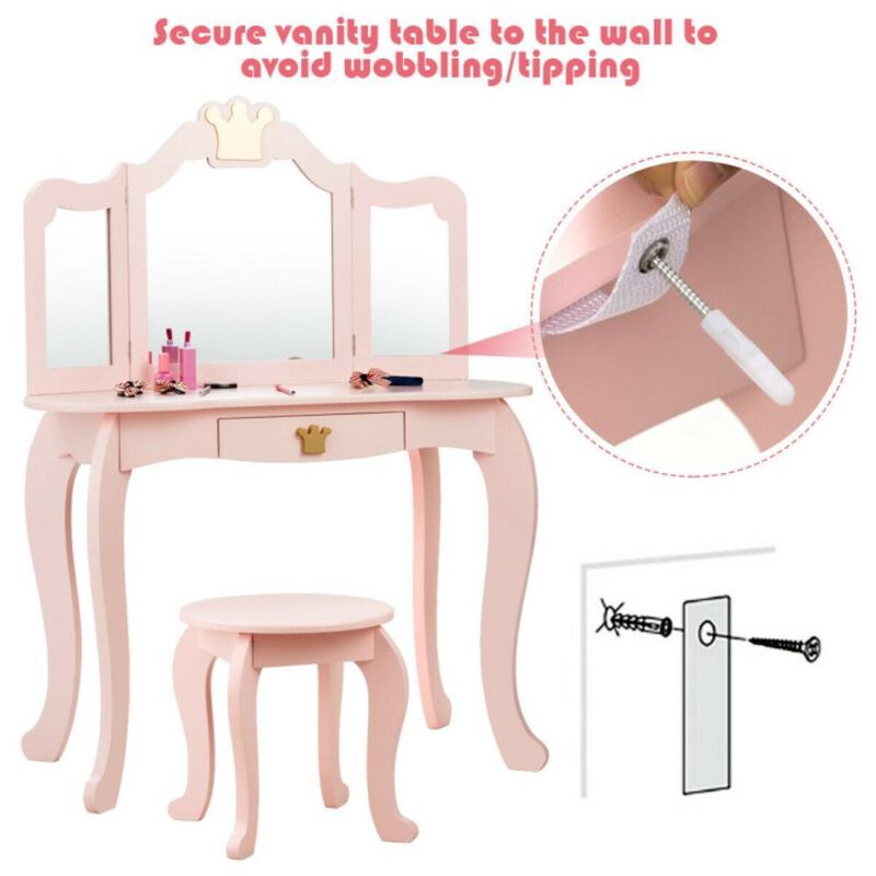 Hivvago Kids Makeup Dressing Table with Tri-folding Mirror and Stool