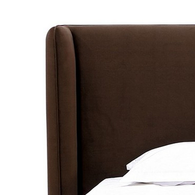 Baca Queen Platform Bed, Velvet Upholstery, Wingback Headboard, Brown - Benzara