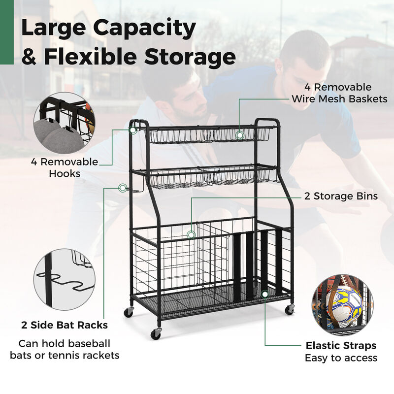 Garage Sports Equipment Organizer with Hooks & Baskets for Basketball
