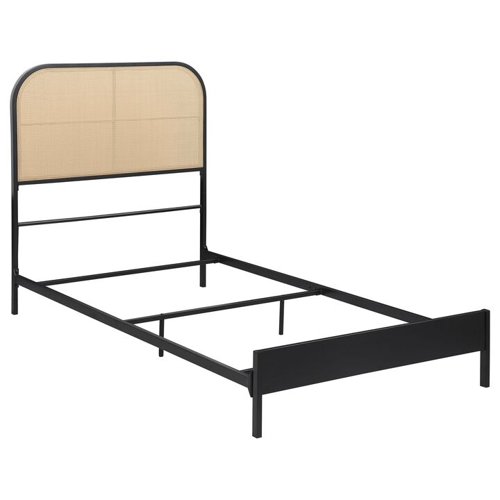 Ammy Twin Bed, Radio Weave Headboard, Brown Faux Rattan, Black Metal  - Benzara