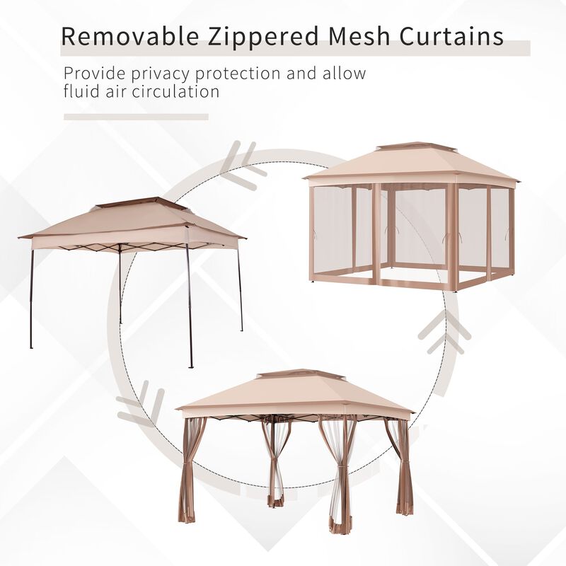 Khaki Event Shelter: 11'x11' Pop-Up Gazebo with 2-Tier Top & Netting
