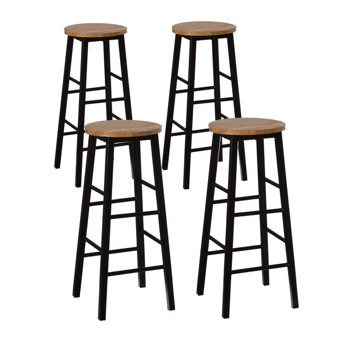 Set of 4 28-Inch Rustic Round Solid Wood Counter-Height Bar Stool with Footrest and Durable Steel Frame, Perfect for Dining Room, Kitchen Island and Home Bar - Ideal for Indoor and Outdoor Parties