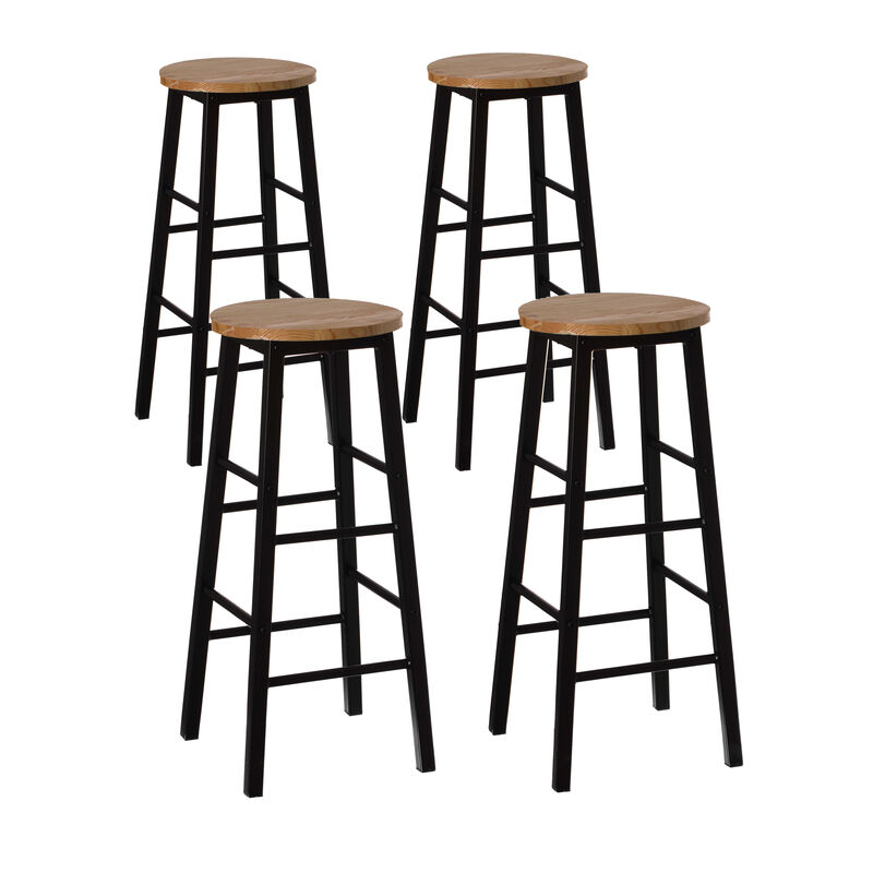 Set of 4 28-Inch Rustic Round Solid Wood Counter-Height Bar Stool with Footrest and Durable Steel Frame, Perfect for Dining Room, Kitchen Island and Home Bar - Ideal for Indoor and Outdoor Parties