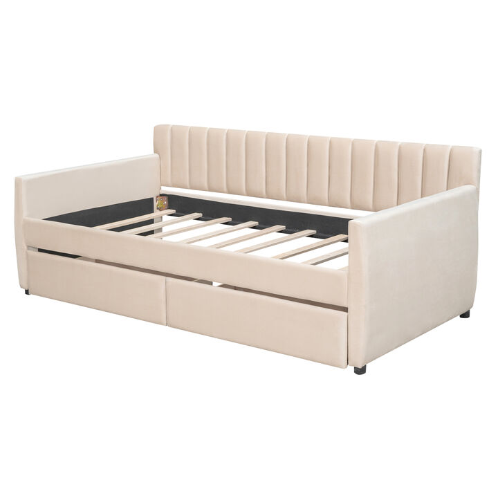Upholstered daybed with Drawers, Wood Slat Support