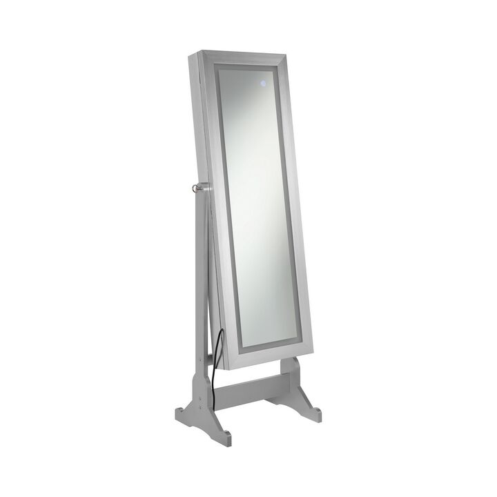 58 Inch Full Body Floor Cheval Mirror, Jewelry Storage, LED, Silver-Benzara
