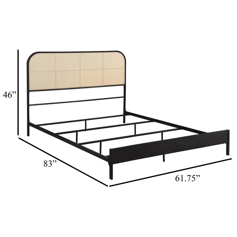 Ammy Queen Bed, Radio Weave Headboard, Brown Faux Rattan, Black Metal  - Benzara