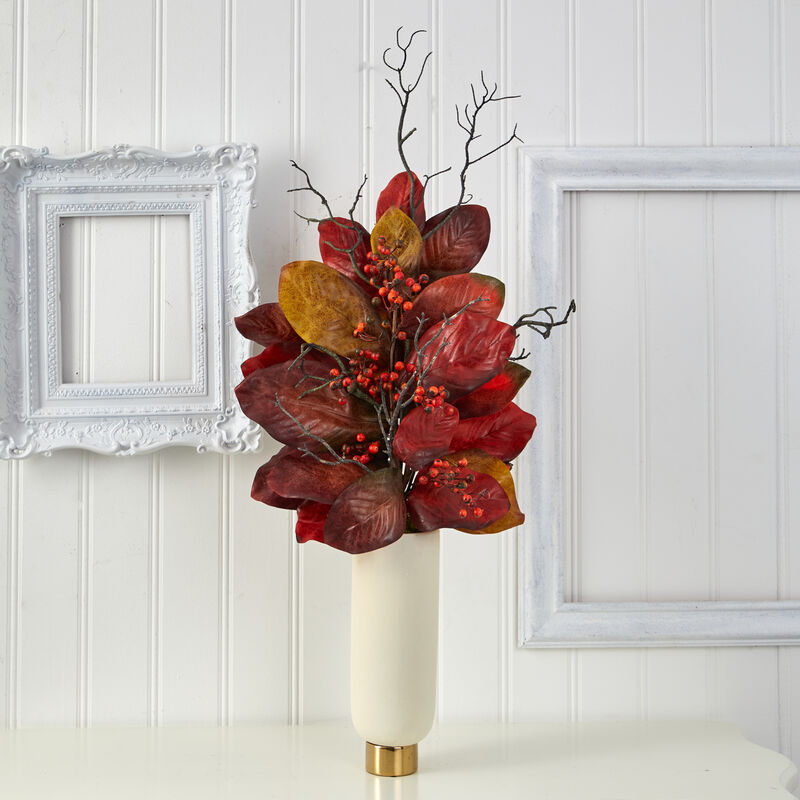 Hivvago 38" Autumn Magnolia Leaf with Berries Artificial Plant in Cream Planter with Gold Base