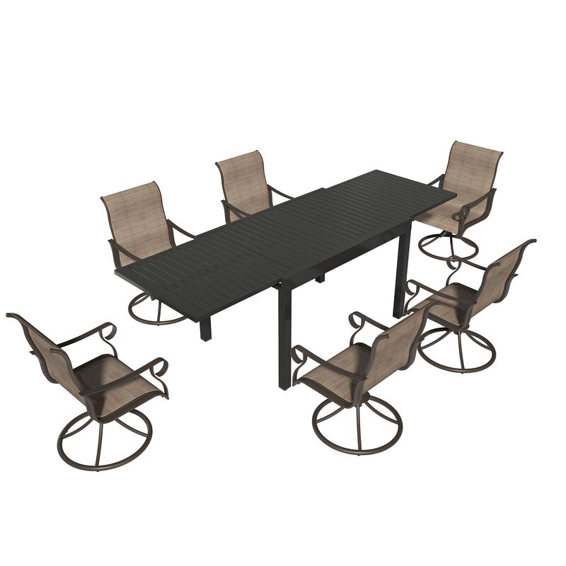 MONDAWE 7-Piece Extra Large Aluminum Telescopic Table And Chair Set With 6 Pcs Steel Textiliene Dining Swivel Chairs