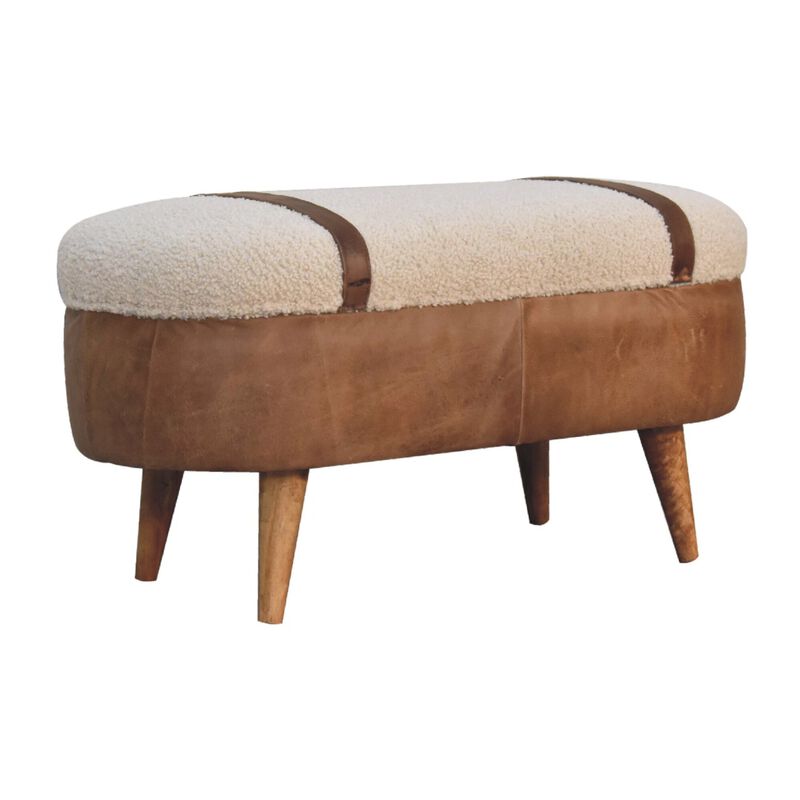 Solid Wood Tan Bufallo Leather Boucle Nordic Bench