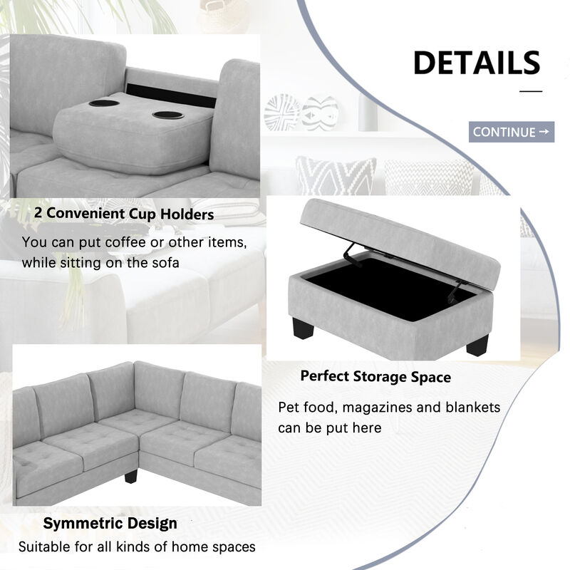 Sectional Corner Sofa L-shape Couch with Storage Ottoman & Cup Holders