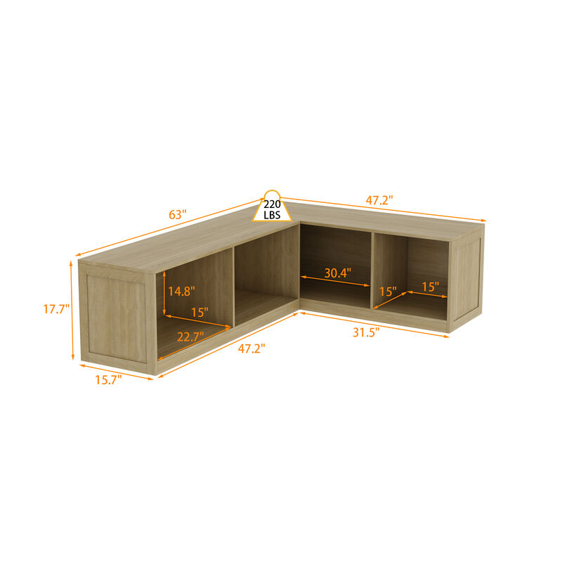 FUFU&GAGA Corner Bench Shoe Cabinet with 4Storage Compartments, P2 MDF, Natural Wood Finish (63" W x 47.2" D x 17.7" H), Light Oak