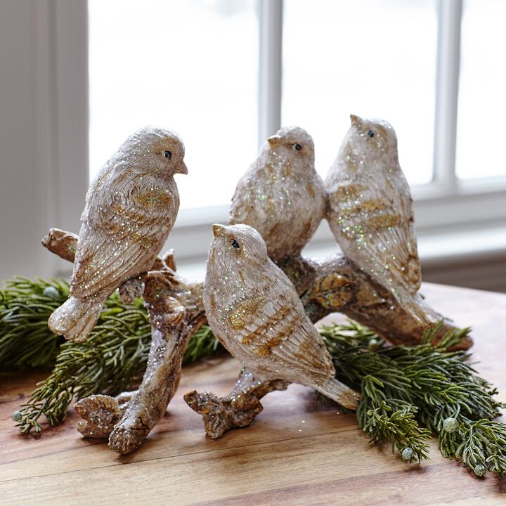 Set of 2 Polyresin Birds on Branch for Garden or Tabletop Display
