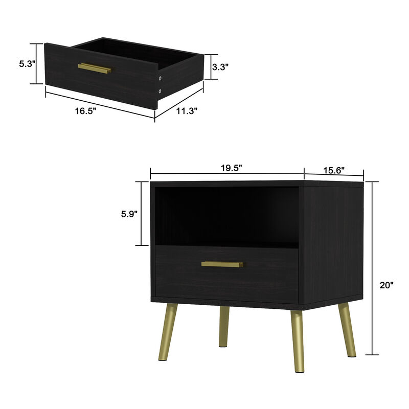 Nightstands Bedside Tables End Tables with Drawer & Open Shelf, Gold Metal Legs,for Bedroom Living Room(19.5”W x 15.6”D x 20”H)
