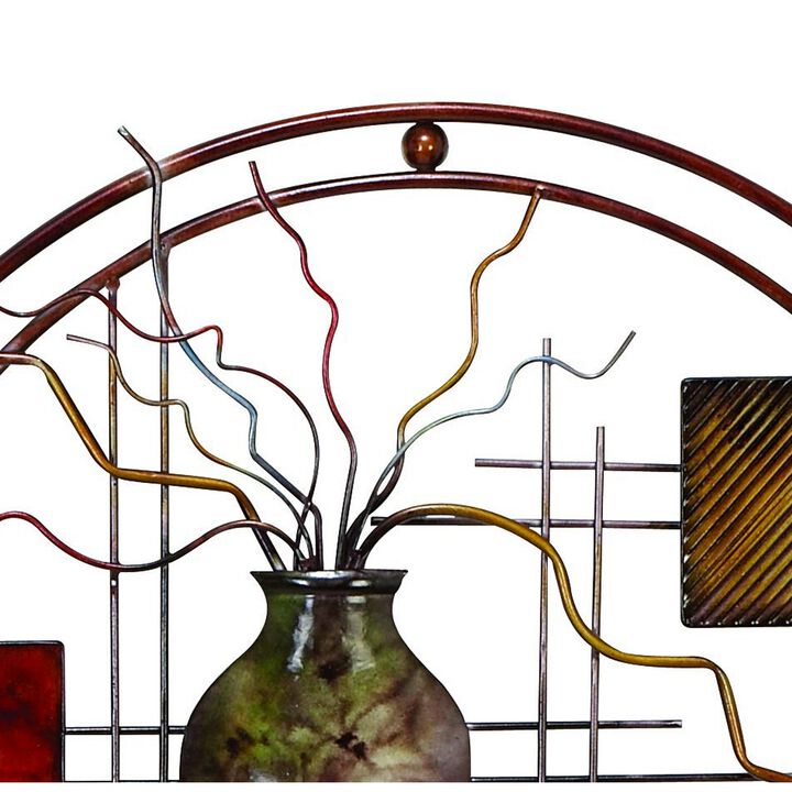 22 Inch Round Metal Wall Decor With Vase, Multicolor - Benzara