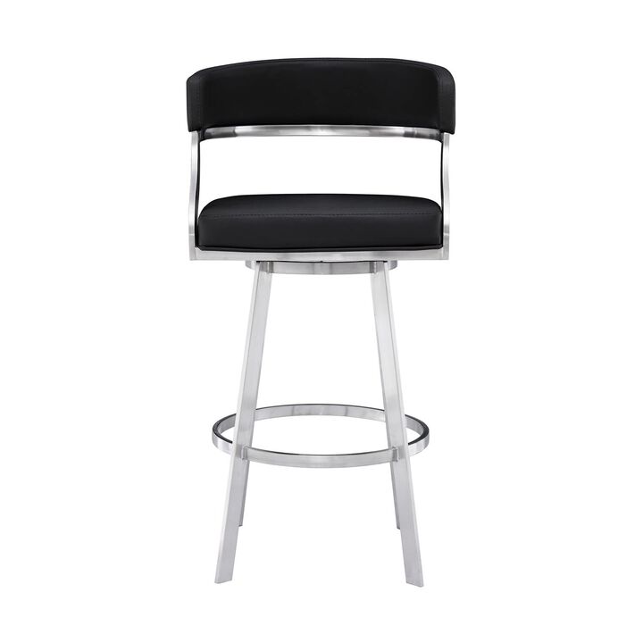 26 Inch Curved Seat Leatherette Swivel Barstool, Silver and Black-Benzara