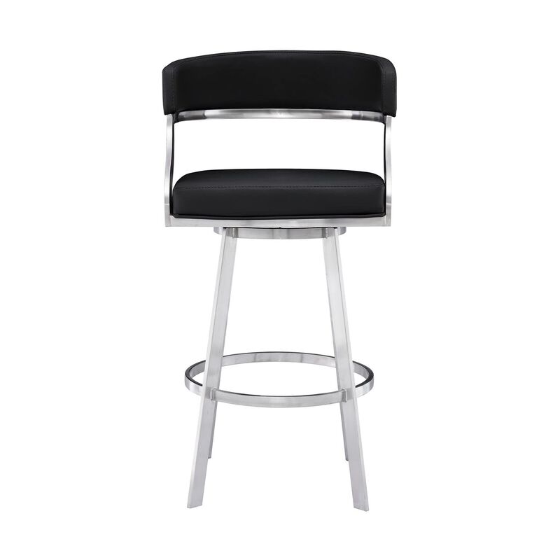 26 Inch Curved Seat Leatherette Swivel Barstool, Silver and Black-Benzara