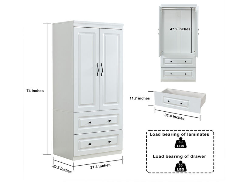 Wardrobe Closet with 2 Doors Wood Armoire Wardrobe Closets Cabinet Wardrobe Cabinet White Storage Cabinet Bedroom Armoires with Hanging Rod 2 Drawers